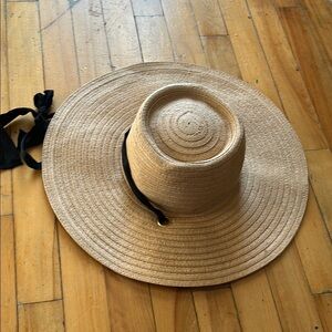 Love & lore Tan Wide-Brim Hat with Black Ribbon